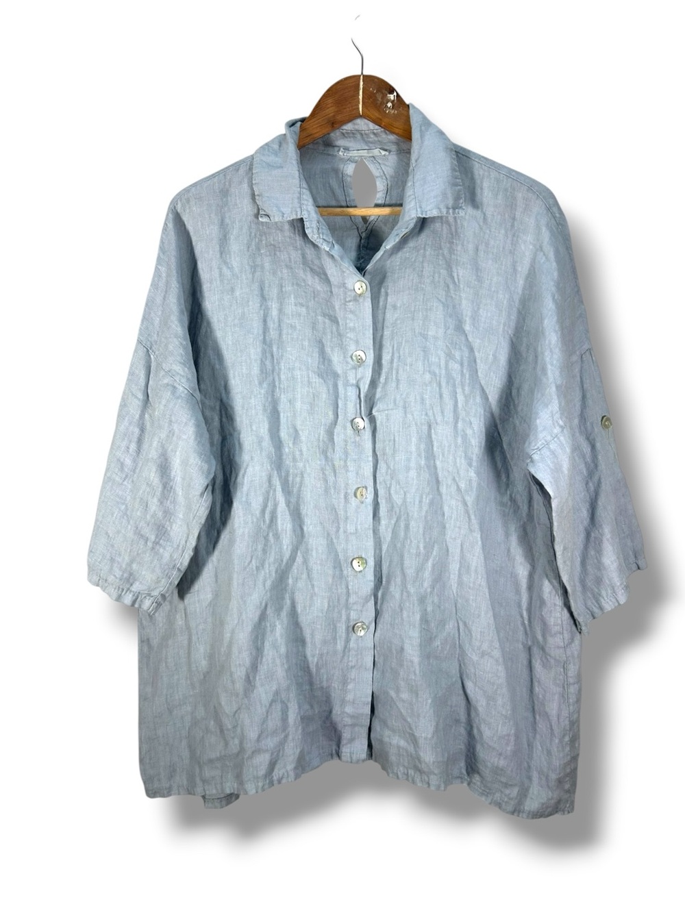 Women’s Meo Meli Light Blue Gray Linen Button Down Blouse Made in Italy